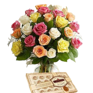 25 assorted roses with chocolates